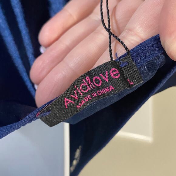 AvidLove NWT Navy Blue Satin & Lace T-Back Chemise Nightie Slip Dress Sz L - Picture 7 of 9